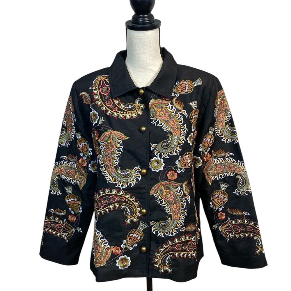 Indigo Moon Black Embroidered Button Front Jacket Large